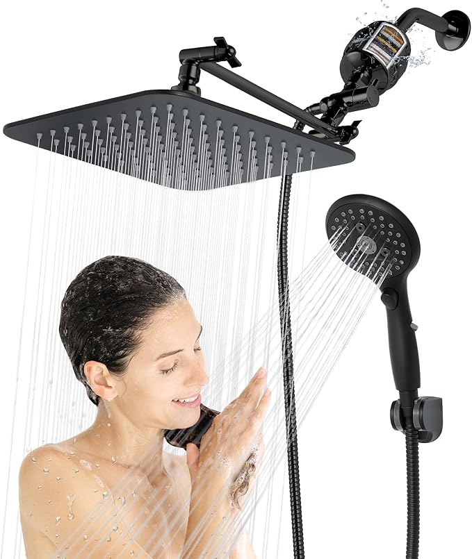 10'' Dual 20 Stage Filtered Shower Head with Handheld, 6 Spray Settings Handheld Shower Head High Pressure Rainfall Filter Combo with 12'' Adjustable Extension Arm, 71'' Shower Hose (Matte Black)