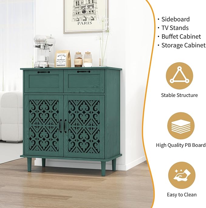 Kitchen Storage Cabinet with Drawers - Accent Cabinet with Carved Door, Floor Sideboard Buffet with Storage, Small Wood Credenza for Living Room, Dining Room, Entryway, Green