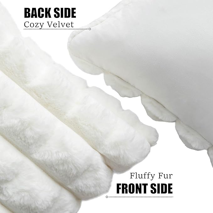 Neelvin Cream White Faux Fur Cozy Soft Plaid Decorative Throw Pillow Covers 22x22 inch Set of 2,Velvet Pillowcase Cushion Case for Sofa Couch