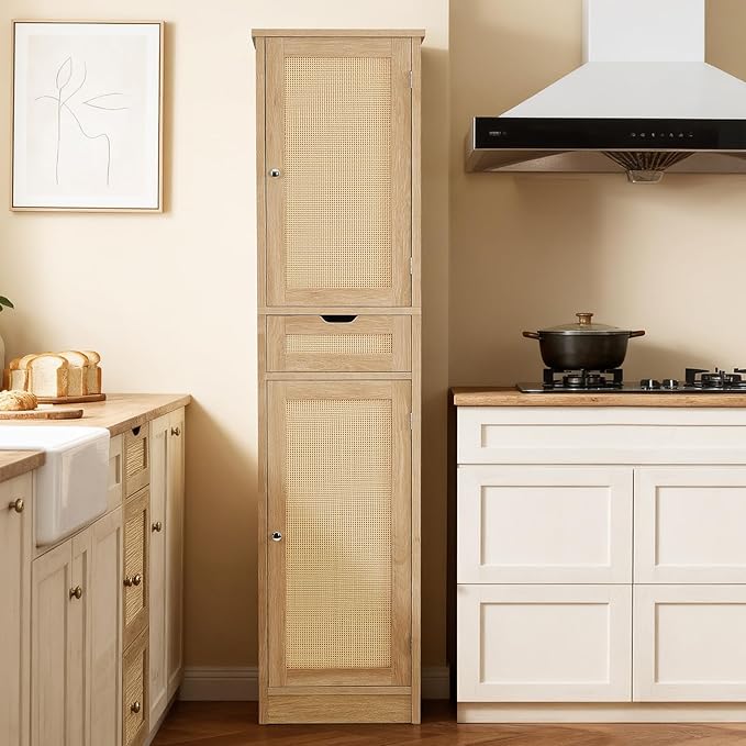 Iwell Tall Narrow Storage Cabinet with Doors, Rattan Cabinet with Adjustable Shelves, Freestanding Linen Storage for Living Room, Entryway, Kitchen, Bathroom, Natural
