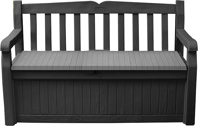 Keter Solana 70 Gallon Storage Bench Deck Box for Patio Storage, Front Porch Decor and Outdoor Seating – Perfect to Store Garden Tools and Pool Floats, Graphite