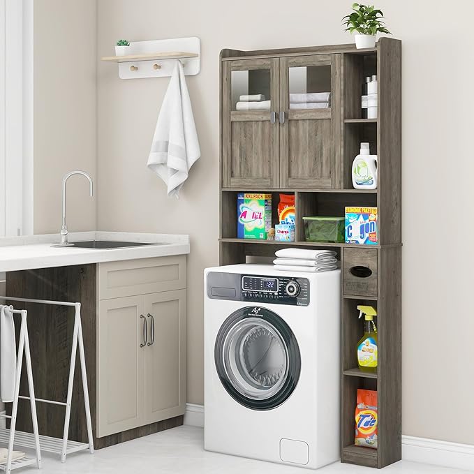 Vabches Over The Toilet Storage Cabinet, Bathroom Shelf Over Toilet with Glass Doors and Adjustable Shelves, Grey Freestanding Home Space Save Toilet Rack, for Restroom, Bathroom, Laundry