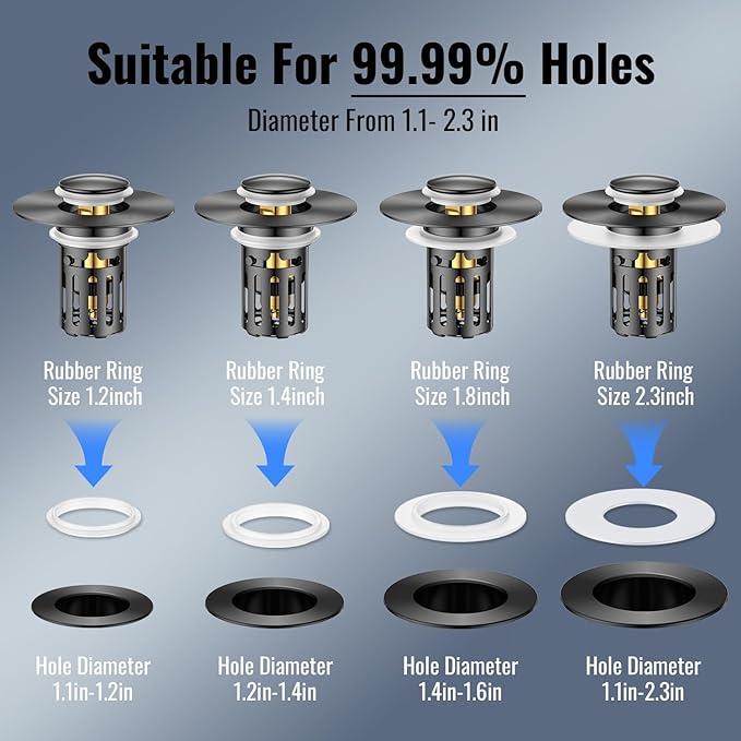 (2 Pc) Bathroom Sink Stopper-All Metal Sink Stopper-Universal Fit 99% Bathroom Stopper with Removable Stainless Steel Hair Catcher- Basin (1.1'' to 2.36'' inch) - Black