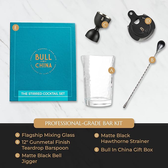 4 Piece Cocktail Kit by Bull In China - Premium Bartender Gift Set Includes Flagship Mixing Glass, 12 inch Barspoon, Bell Jigger & Hawthorne Strainer For Professional & Home Bars (Matte Black)