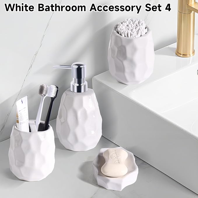 Ceramic Bathroom Accessories Set 4 PCS,Bathroom Toothbrush Holder Set,Soap and Toothbrush Holder Set,Include Toothbrush Holder,Soap Dispenser,Tumbler,Soap Dish,Bathroom Sets Decor Organizer (White)