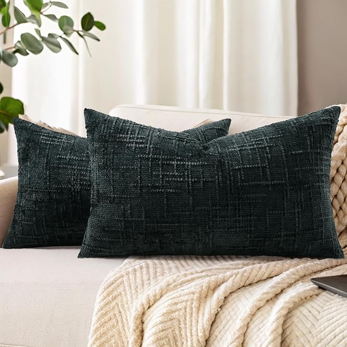 decorUhome Black Chenille Throw Pillow Covers 12x20 Set of 2 Thick Textured Slubby Couch Pillow Covers Farmhouse Accent Modern Neutral Decorative Pillow Cases for Bed Sofa Living Room