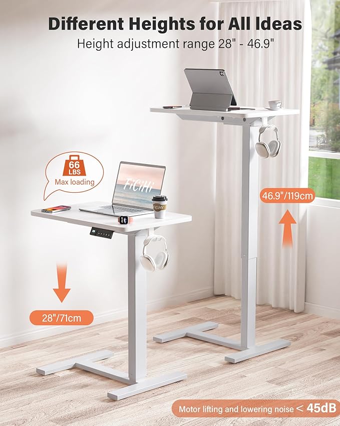 FiCiHi Small Electric Standing Desk - Adjustable Height Bedside Laptop Table with Wheels, Mobile, Portable Rolling Computer Workstation Sit Stand Table for Home Office, Sofa, Couch Use (28x16, White)