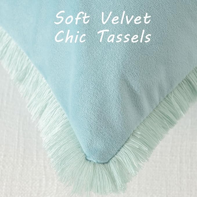 FUTEI Aqua Velvet Decorative Throw Pillow Covers 24x24 Set of 2,Soft Cozy Edge with Tassels European Cushion Case,Boho Modern Home Decor for Couch Bed Living Room