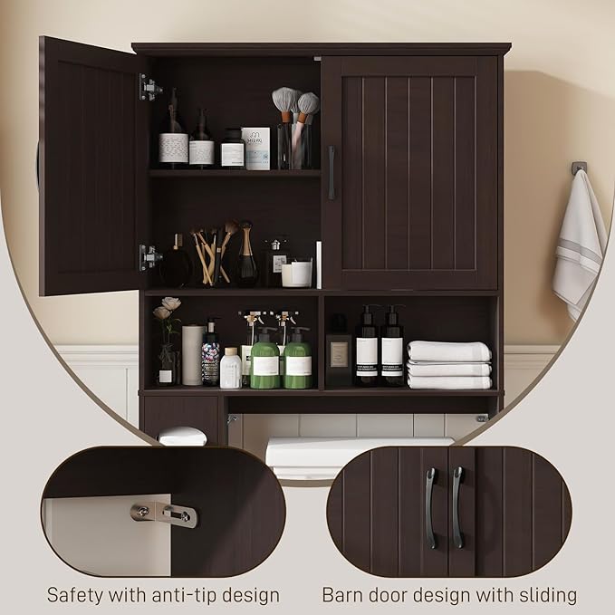 Vabches Over The Toilet Storage Cabinet, Farmhouse Storage Cabinet Over Toilet with Barn Door& Toilet Paper Holder Stand，Home Space-Saving Toilet Rack, for Bathroom, Restroom, Laundry.(Walnut)