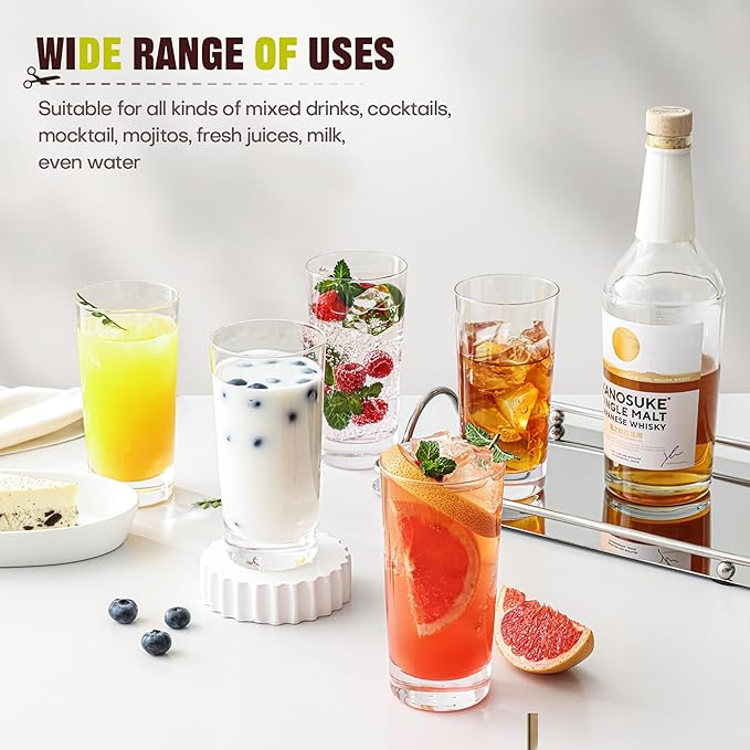Highball Glasses Set of 6, 13oz Tall Drinking Glasses, Water Glass for Kitchen, Tom Collins Glasses, Mojito Glass Cups, Cocktail Glasses for Bar Glassware