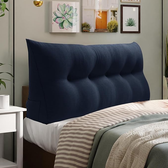 WOWMAX 85% Linen 15% Cotton Blend Headboard Pillow – Queen Size Reading Wedge Backrest for Bed, Handmade Firm Support Bolster Cushion with Removable Cover, Premium Bed Rest Pillow, Blue