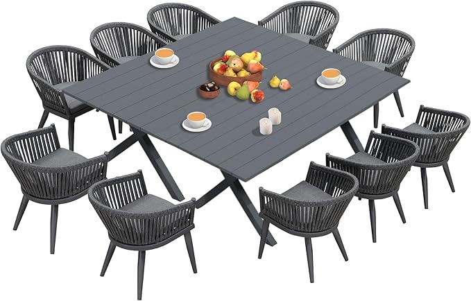 PURPLE LEAF 12 Pieces Outdoor Dining Set with Patio Aluminium Dining Table and Wicker Chairs Modern Furniture Cushions Sets for Backyard Indoor Decor Kitchen Gray