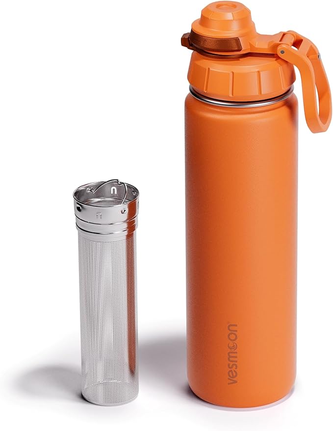 Vesmoon Vessence 24 Oz Stainless Steel Tea Infuser Bottle for Loose Leaf Tea, Water, Herbs, Fruits - Triple Layered Insulated, Leak Proof Bottle with Lid and Clip Handle - 24 Hours Hot/Cold