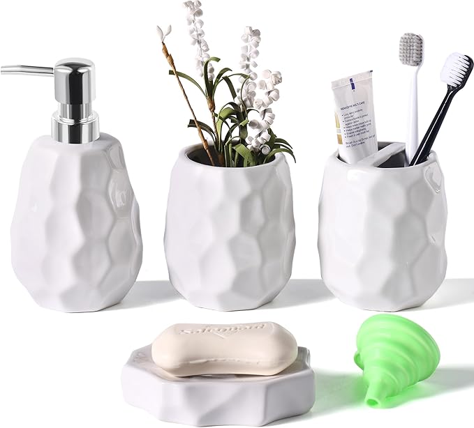 Ceramic Bathroom Accessories Set 4 PCS,Bathroom Toothbrush Holder Set,Soap and Toothbrush Holder Set,Include Toothbrush Holder,Soap Dispenser,Tumbler,Soap Dish,Bathroom Sets Decor Organizer (White)