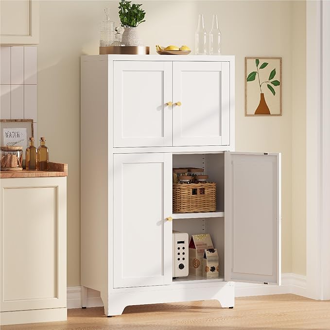 Metal Bathroom Storage Cabinet, Freestanding Storage Cabinets with 4 Doors and 2 Adjustable Shelves,White Metal Floor Cabinet for Restroom, Kitchen,Living Room,Hallway