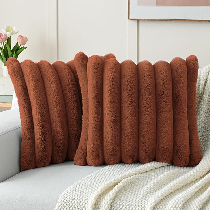 FUTEI Rust Decorative Throw Pillow Covers 18x18 Inch Set of 2, Square Soft Faux Rabbit Fur Big Striped Cushion Cover,Home Decor for Couch Sofa Bed Living Room