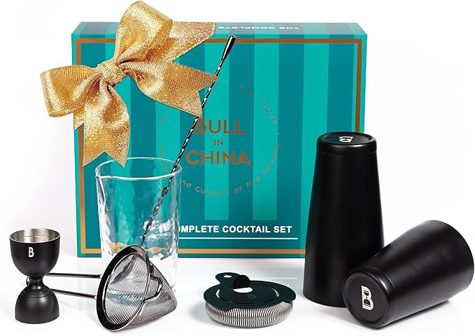 Shaken & Stirred Cocktail Set by Bull in China - Premium Bartender Gift Set w/ 2 Piece Weighted Shaker, Hammered Jigger, Hawthorne Strainer, Fine Mesh Strainer, Mixing Glass & Barspoon (Matte Black)