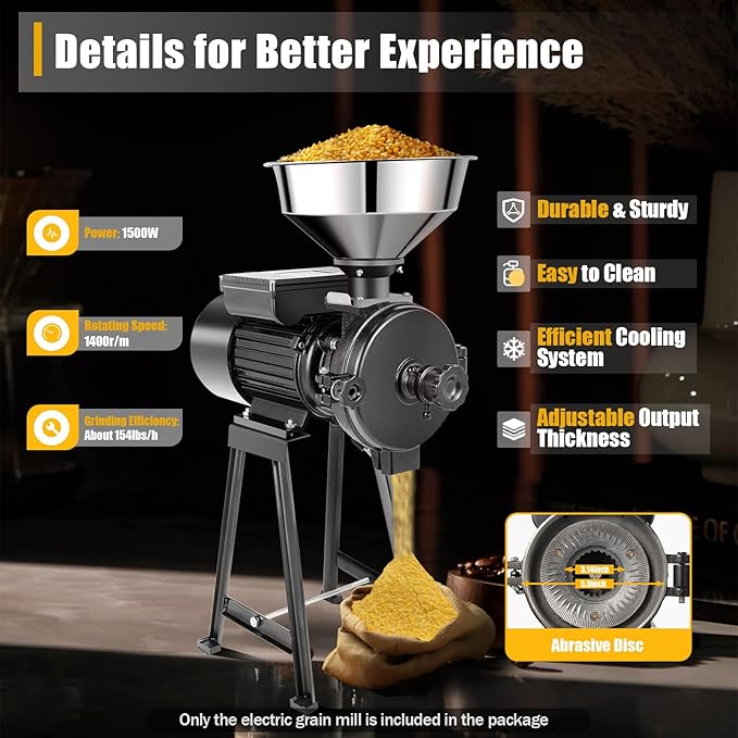 1500W Electric Grain Mill Grinder, 110V Commercial Dry Grinder for Rice Corn Spices, 70kg/h Stainless Steel Grinding Machine with Adjustable Fineness, for Restaurant Lab Supermarket Home Use