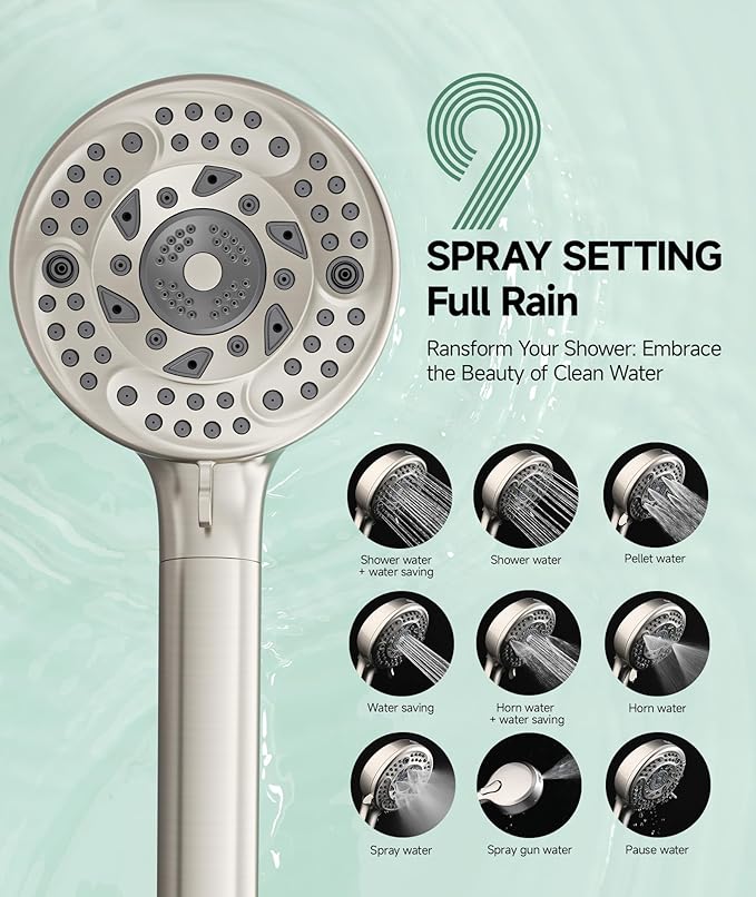 Filtered Shower Head with Handheld, 9-Spray Mode High Pressure Detachable Shower Head with Filters for Hard Water - Remove Chlorine Brushed