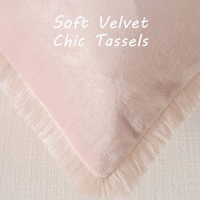 FUTEI Pink Velvet Decorative Throw Pillow Covers 24x24 Set of 2,Soft Cozy Edge with Tassels European Cushion Case,Boho Modern Home Decor for Couch Bed Living Room