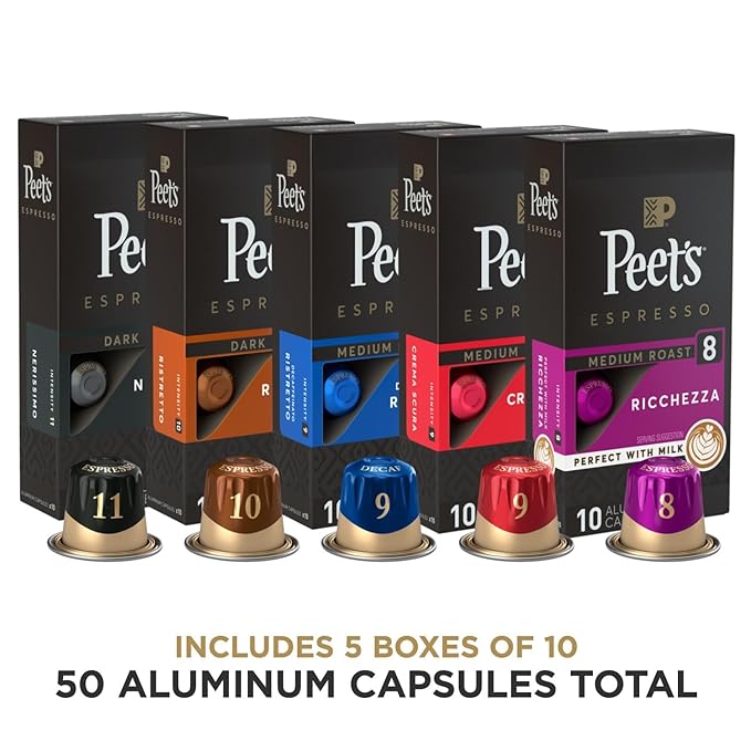 Peet's Coffee, Dark and Medium Roast Espresso Capsules Variety Pack with Decaf, Compatible with Nespresso Original Machine - Intensity 8-11, 50 Count (5 Boxes of 10 Espresso Capsules)