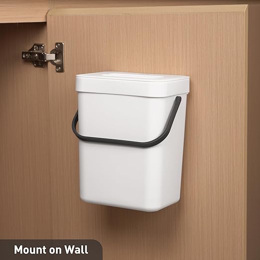 EKO Puro Mini Wall-Mounted Kitchen Trash Can with Lid, Food Waste Caddy, 1.32 Gall / 5L (White)