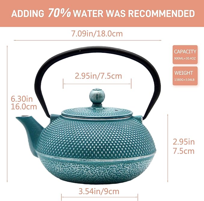 30.4oz Small Cast Iron Teapot, Tea Kettle with Stainless Steel Infuser for Loose Tea, Coated with Enameled Interior, Japanese Style Tetsubin for Stovetop Safe(900ml)