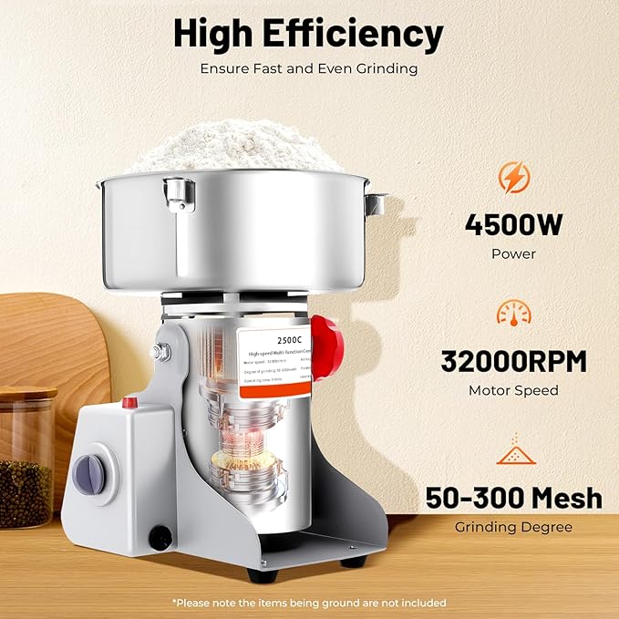 2500g Electric Grain Mill Grinder 4500W, High-Speed Commercial Spice Grinder 32000 RPM 304 Stainless Steel, 50-300 Mesh Adjustable for Grains, Herbs, Spices, and More