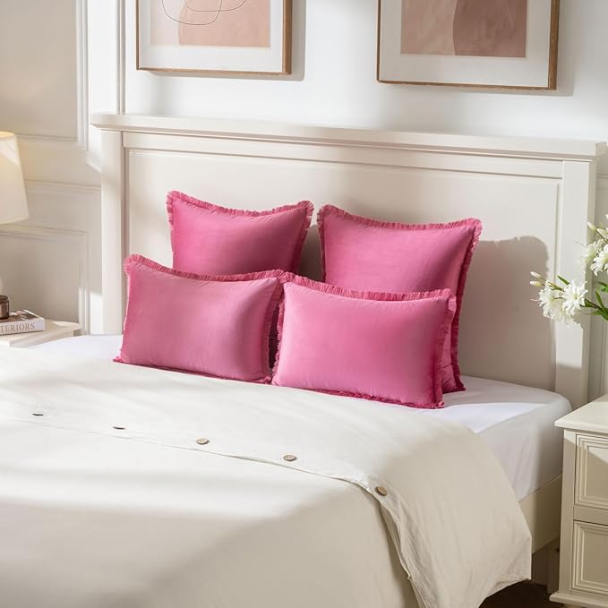 FUTEI Hot Pink Velvet Decorative Throw Pillow Covers 12x20 Set of 2,Soft Cozy Edge with Tassels Lumbar Pillow Cases,Boho Modern Home Decor for Couch Bed Living Room