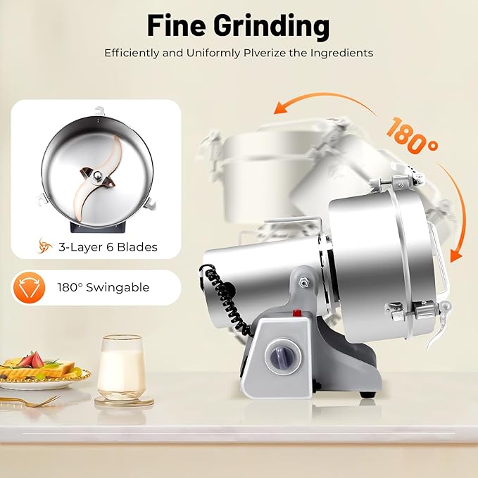 2500g Electric Grain Mill Grinder 4500W, High-Speed Commercial Spice Grinder 32000 RPM 304 Stainless Steel, 50-300 Mesh Adjustable for Grains, Herbs, Spices, and More