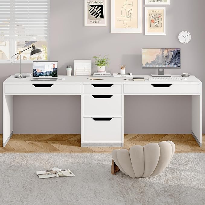 Two Person Desk with 5 Drawers, Double Desk with Storage for 2 People, 78 Inch Extra Long Computer Desk Workstation with File Drawer for Home Office, White