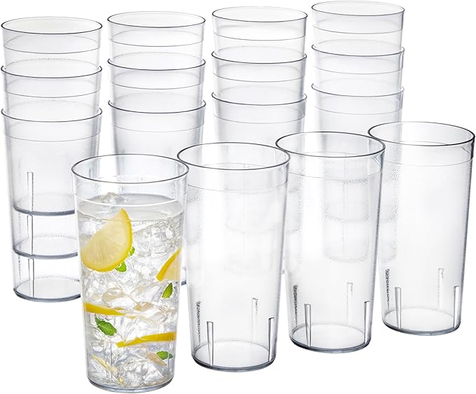 US Acrylic Cafe Plastic Reusable Tumblers (Set of 16) 20-ounce Water Cups in Clear | Value Set of Restaurant Style Drinking Glasses, Stackable, BPA-free, Made in the USA | Top-rack Dishwasher Safe