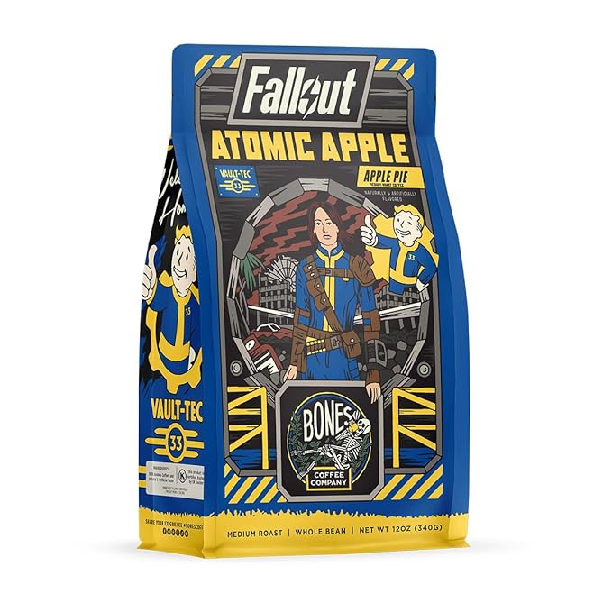 Bones Coffee Company Fallout Atomic Apple, Apple Pie Flavored Coffee, Medium Roast Low Acid Arabica Beans Compatible with Auto drip and French Press Coffee Maker, 12 Oz Whole Bean