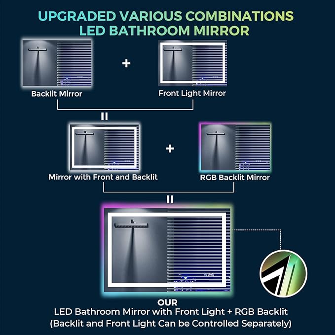 48x32 Inch RGB LED Bathroom Mirror Front Light and RGB Backlit Lighted Vanity Mirror for Bathroom Wall Mounted Dimmable Anti Fog Memory Shatter-Proof IP54 Waterproof Horizontal/Vertical