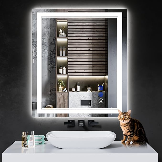 32"x28" LED Bathroom Mirror with Anti-Fog, Stepless Dimmable Lights, 3 Color Modes, Shatter-Proof Tempered Glass, Memory Function & Waterproof Design