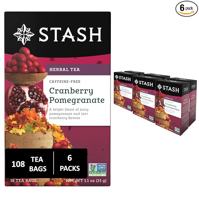 Stash Tea Cranberry Pomegranate Herbal Tea - Naturally Caffeine Free, Non-GMO Project Verified Premium Tea with No Artificial Ingredients, 18 Count (Pack of 6) - 108 Bags Total