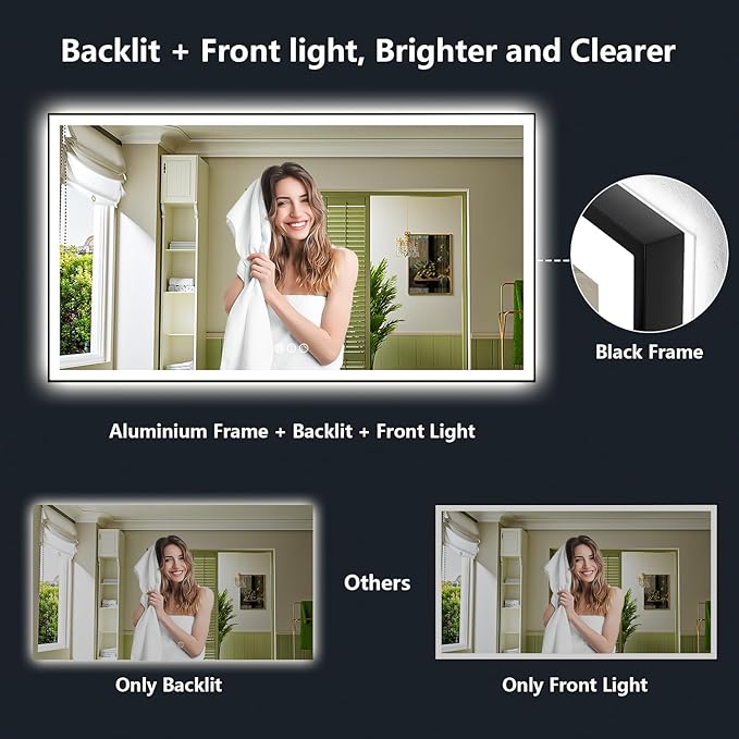60x40 Inch LED Bathroom Mirror with Lights (Front Lit and Backlit) Black Framed Lighted Vanity Mirror for Bathroom Wall Dimmable Anti-Fog Memory Tempered Glass Horizontal/Vertical