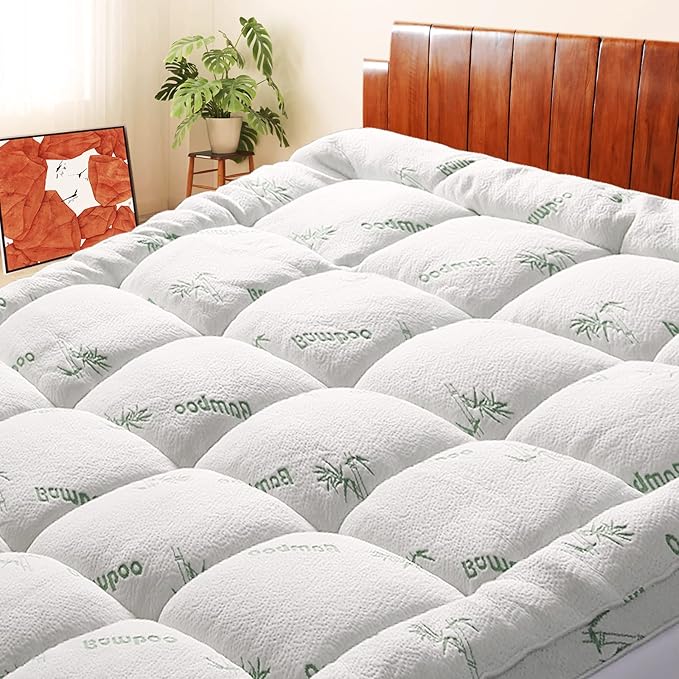 Mattress Topper Twin Size, Cooling Extra Thick Breathable Viscose Made from Bamboo Mattress pad, Soft Quilted Fitted Mattress Cover with 1000 GSM Down Alternative Fill (8-21”Deep Pocket)