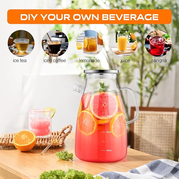 1 Gallon 128oz Glass Pitcher,Water Pitcher with Full Seal Lid and Spout, Glass Carafe for Hot/Cold Drink, Water Jug for Iced Tea, Coffee, Juice, Milk, Beverage