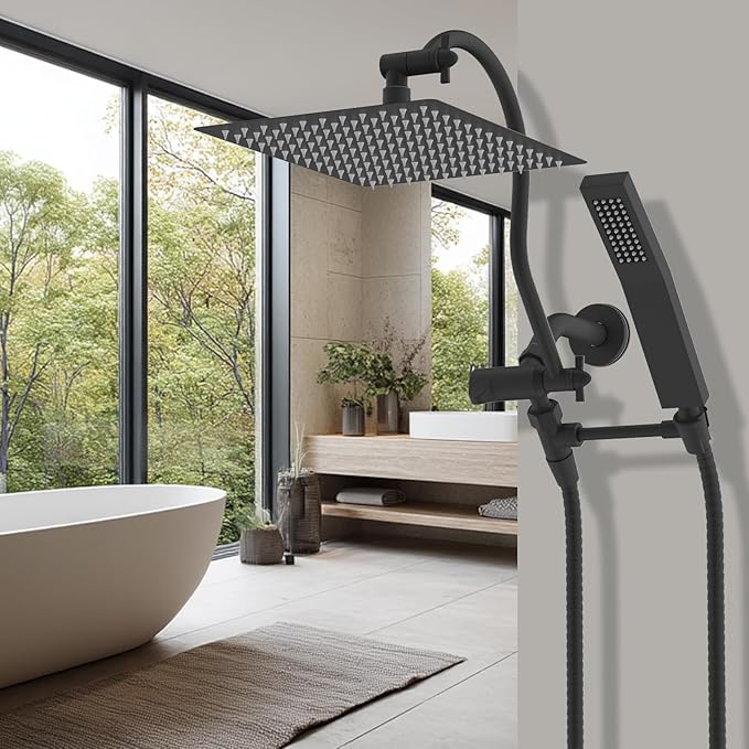 Hibbent All Metal Shower Head, 12'' High Pressure Rainfall Shower Head, Showerhead Combo, Handheld Shower Wand, 12'' Adjustable Curved Shower Extension Arm, 71'' Hose, Shower Head Holder, Matte Black