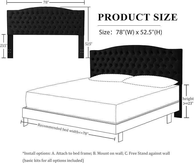 Velvet Upholstered Headboard King/Cal King Size Latest Model Wall Mount, Bed Frame Mount, Featuring High-Density Sponge Padding, Luxury Texture Easy Assembly Comfort and Style-Black