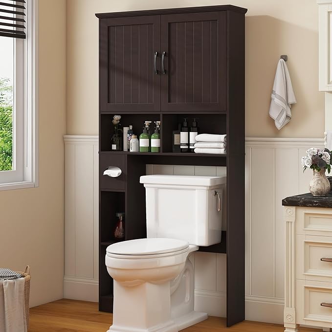Vabches Over The Toilet Storage Cabinet, Farmhouse Storage Cabinet Over Toilet with Barn Door& Toilet Paper Holder Stand，Home Space-Saving Toilet Rack, for Bathroom, Restroom, Laundry.(Walnut)