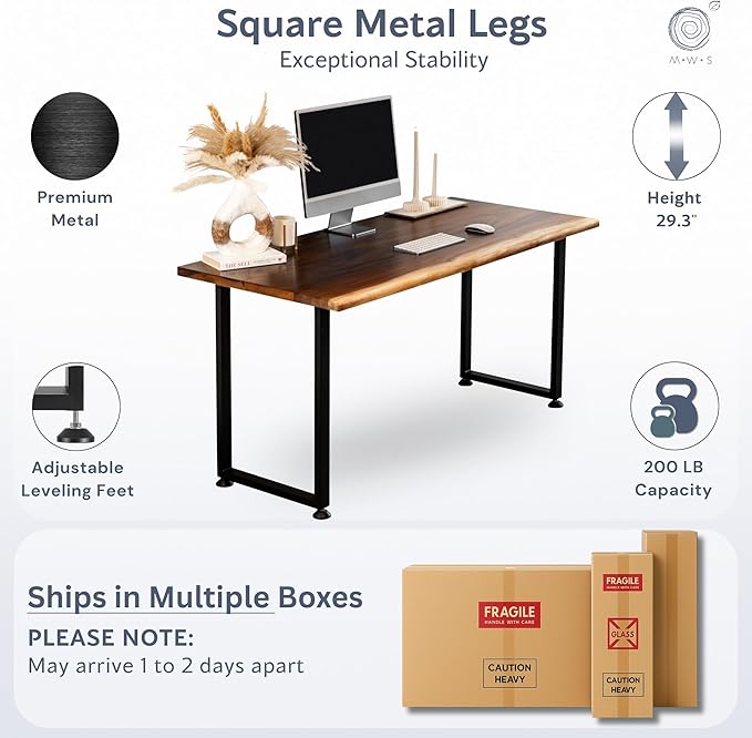 Wood Computer Desk with Drawer - 48x27 Solid Wood Desk, Live Edge Walnut Desk, Sturdy Metal Legs - Scratch and Stain Resistant Finish - Premium Quality