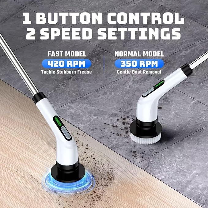 Electric Spin Scrubber - Cordless Bathroom Scrubber with 7 Brush Heads - Dual Speed IPX7 Waterproof Power Scrubber for Heavy-Duty Bathtub, Glass, Tile, and Car Cleaning (White)