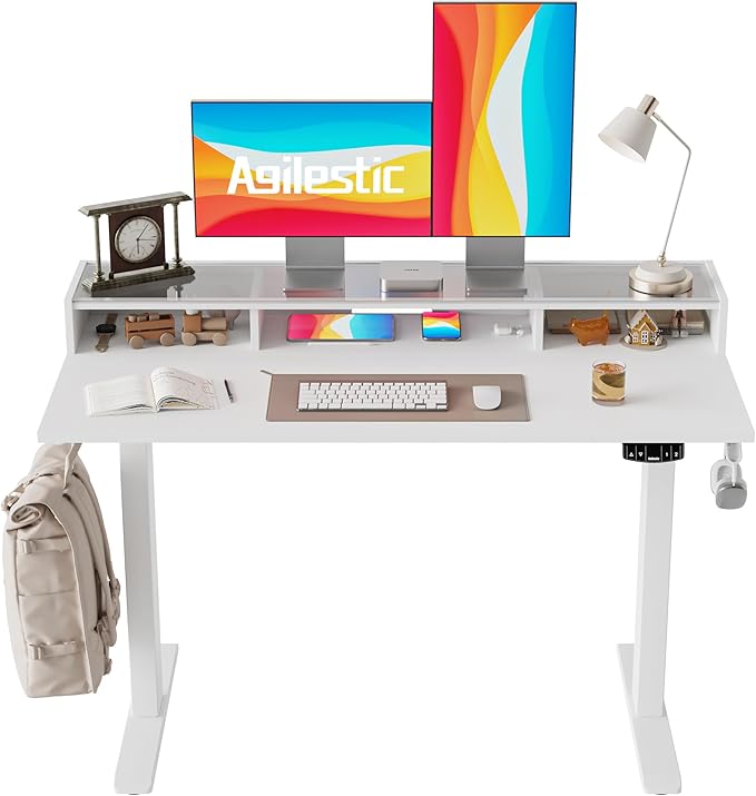 Agilestic Glass Standing Desk with Storage, 48 Inch Electric Adjustable Desk with Glass Shelf, Sit Stand Up Home Office Computer Table, Splice Board, White