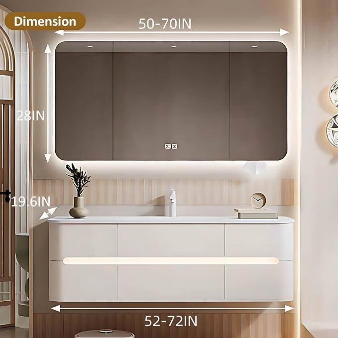 52IN Bathroom Vanity - Bathroom Vanity with Sink with Intelligent Induction Light | Wall-Mounted Bathroom Vanity with Intelligent LED Mirror Cabinet & 6 Drawers, Cream Color