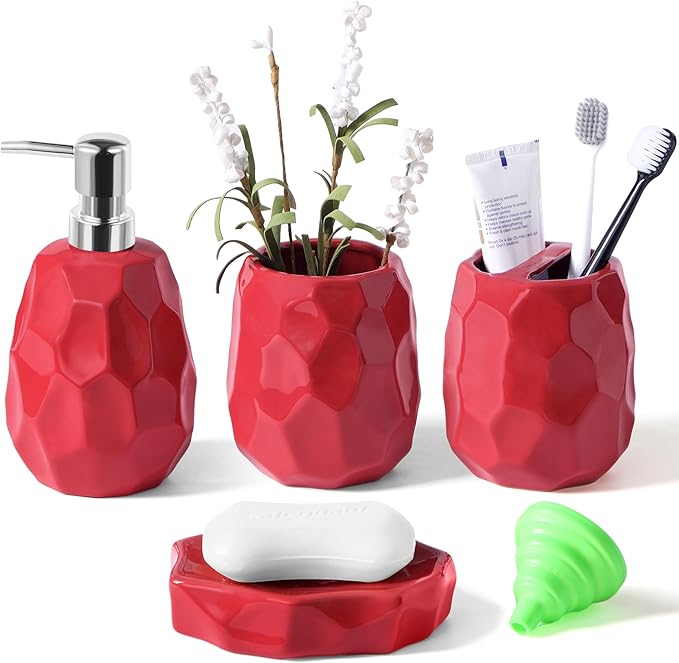 Ceramic Bathroom Accessories Set 4 PCS,Bathroom Toothbrush Holder Set,Soap and Toothbrush Holder Set,Include Toothbrush Holder,Soap Dispenser,Tumbler,Soap Dish,Bathroom Sets Decor Organizer (Red)
