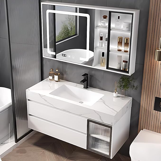 Modern Bathroom Vanity - Wall-Mounted Bathroom Storage & Bathroom Vanities with Sink, Wall Mounted, Defogging & Led Lighting | Bathroom Cabinets Slim