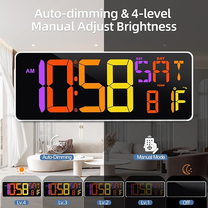 Large Digital Wall Clock Timer 13.5" Large Display Available In 11 Color Modes LED Wall Clock with Temperature Day of the Week Clock Auto-Dimming for Home Gym Office 2 Groups Alarm 25 Music Ringtones