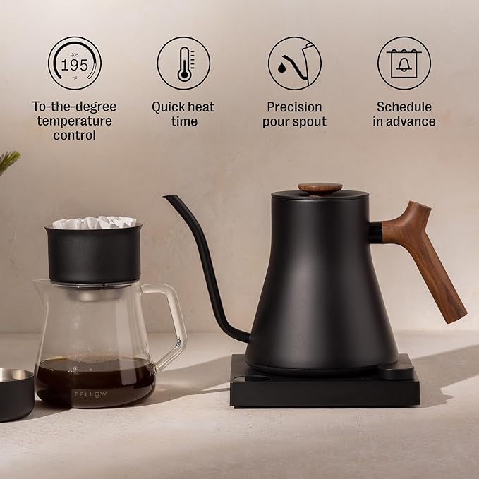 Fellow Stagg EKG Pro Electric Gooseneck Kettle - Pour-Over Coffee and Tea, Quick Heating, Precise Temperature Control, Scheduling, Built-in Brew Timer, Matte Black with Walnut Wood Handle, 0.9 Liter